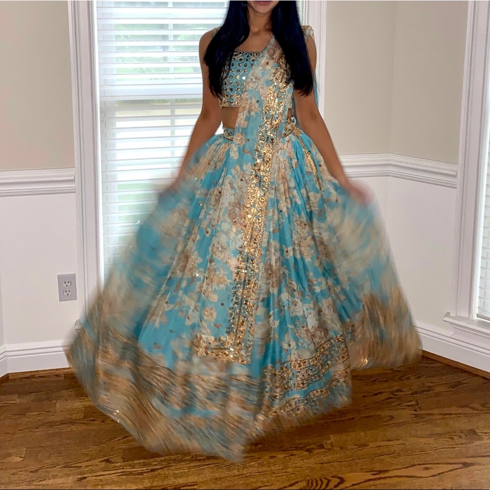 Sky Blue Organza Floral Lehenga - Sabyasachi style